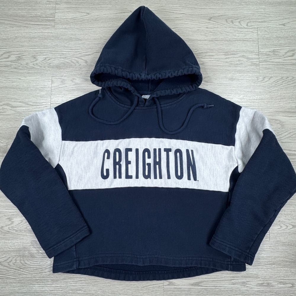 Champion Womens Hoodie Reverse Weave Creighton Navy Grey Medium Cropped Pullover